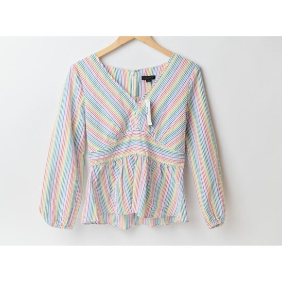 J.CREW V-Neck Rainbow Striped Seersucker Peplum Top Blouse Size 6 NEW - Picture 1 of 13